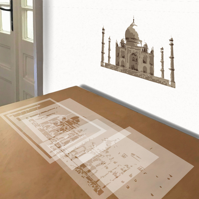 Taj Mahal stencil in 4 layers, simulated painting