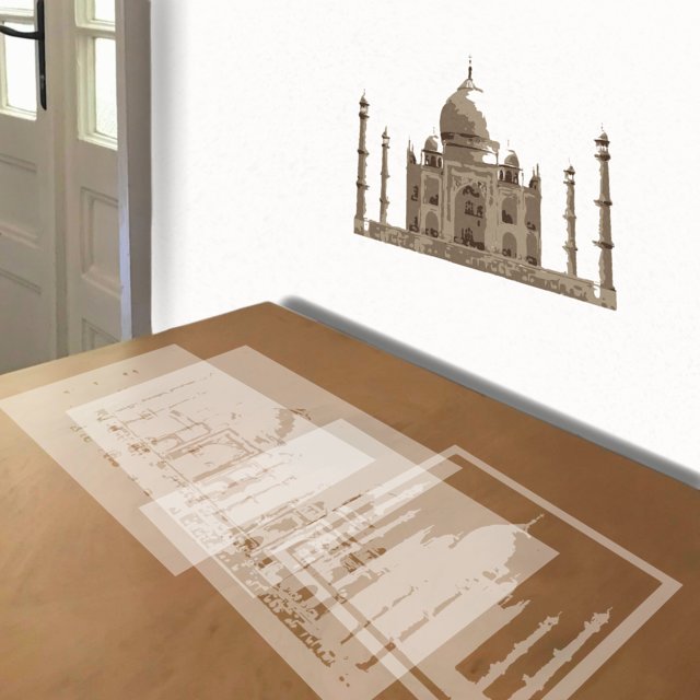 Taj Mahal stencil in 4 layers, simulated painting