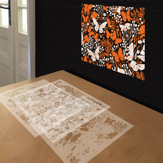 Field of Orange Butterflies stencil in 3 layers, simulated painting