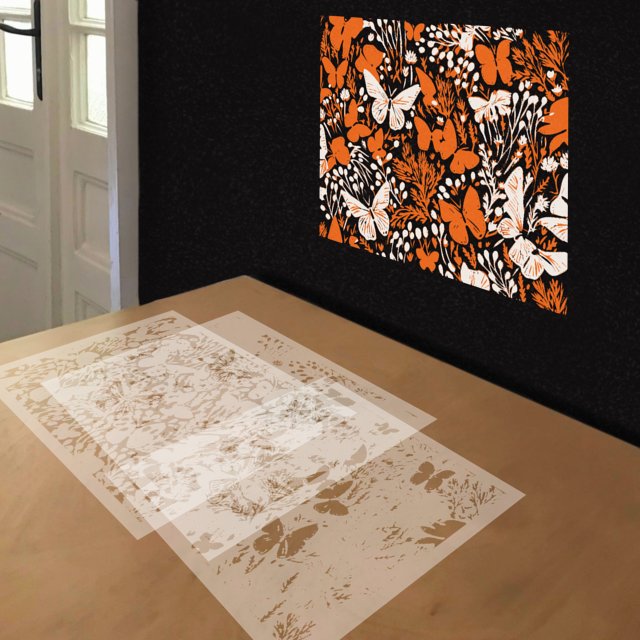 Field of Orange Butterflies stencil in 3 layers, simulated painting