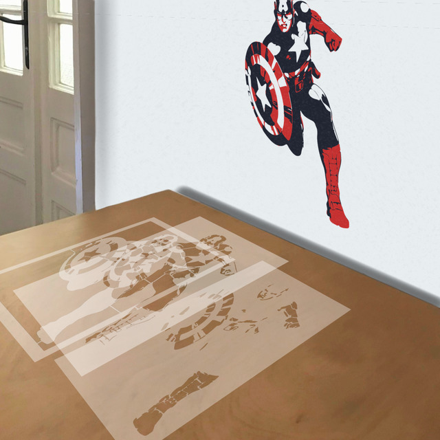Captain America Running stencil in 3 layers, simulated painting