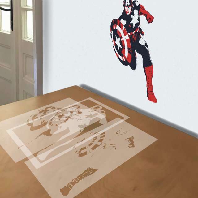 Captain America Running stencil in 3 layers, simulated painting