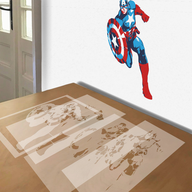 Captain America Running stencil in 4 layers, simulated painting