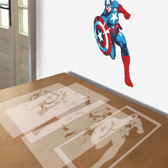 Captain America Running stencil in 4 layers, simulated painting