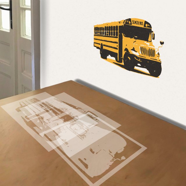 School Bus stencil in 3 layers, simulated painting