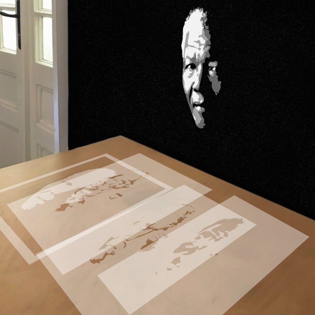 Nelson Mandela stencil in 4 layers, simulated painting