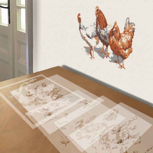 Chickens stencil in 5 layers, simulated painting