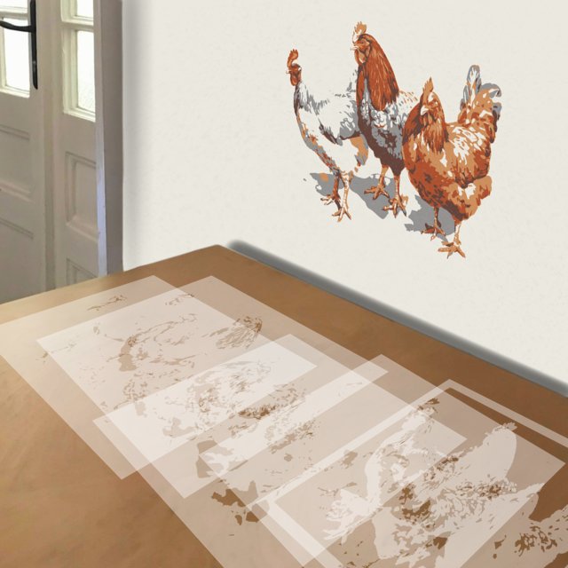 Chickens stencil in 5 layers, simulated painting