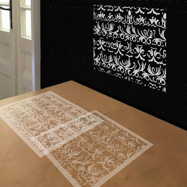 Black and White Victorian Pattern stencil in 2 layers, simulated painting