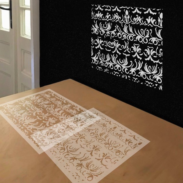 Black and White Victorian Pattern stencil in 2 layers, simulated painting