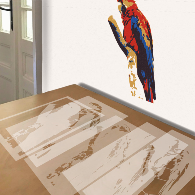 Colorful Parrot stencil in 5 layers, simulated painting