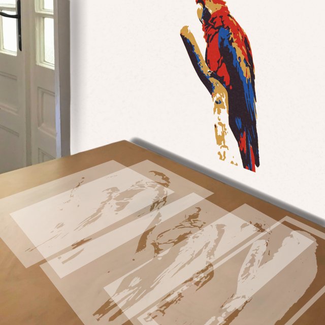 Colorful Parrot stencil in 5 layers, simulated painting