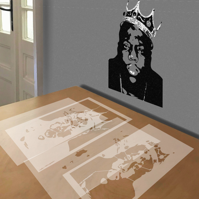 Biggie Smalls stencil in 4 layers, simulated painting