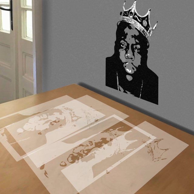 Biggie Smalls stencil in 4 layers, simulated painting