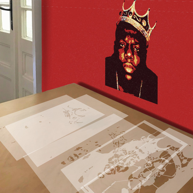 Biggie Smalls stencil in 5 layers, simulated painting
