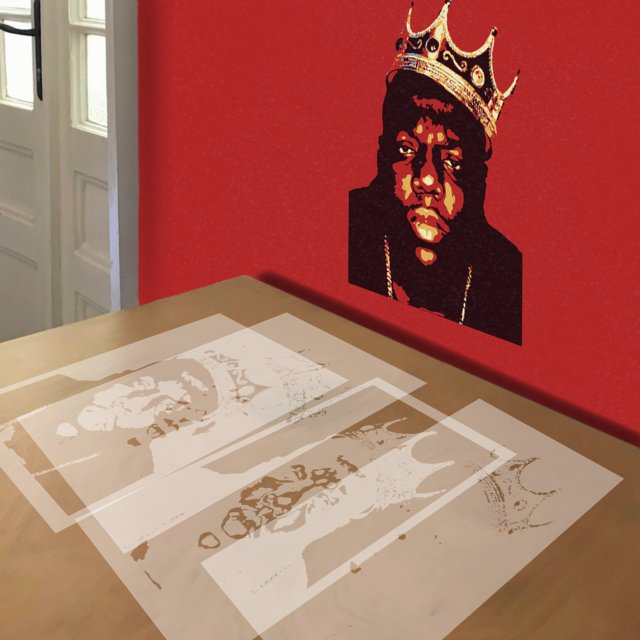 Biggie Smalls stencil in 5 layers, simulated painting