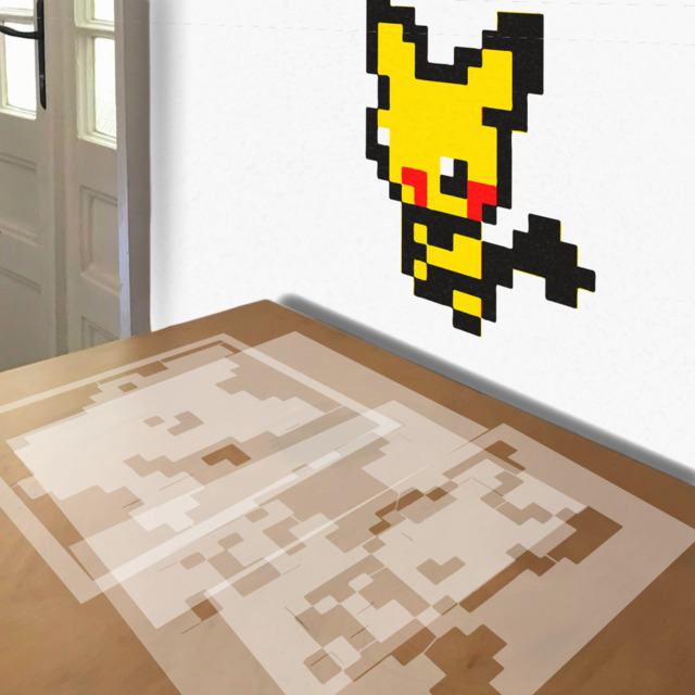 8bit Pikachu stencil in 4 layers, simulated painting