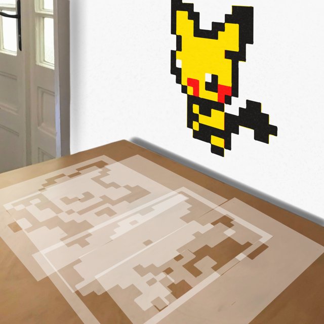 8bit Pikachu stencil in 4 layers, simulated painting