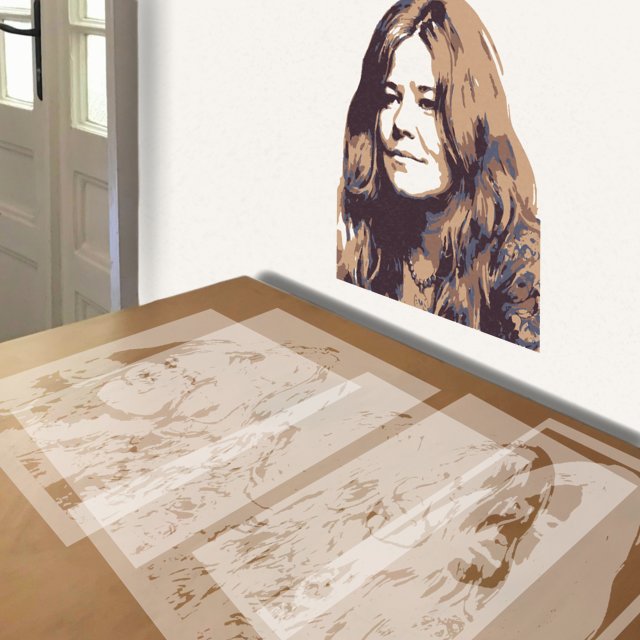 Janis Joplin stencil in 5 layers, simulated painting