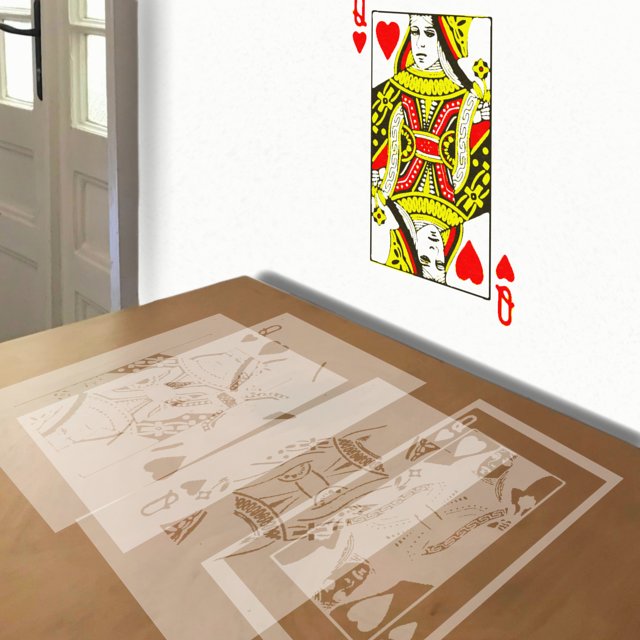 Queen of Hearts Playing Card stencil in 4 layers, simulated painting