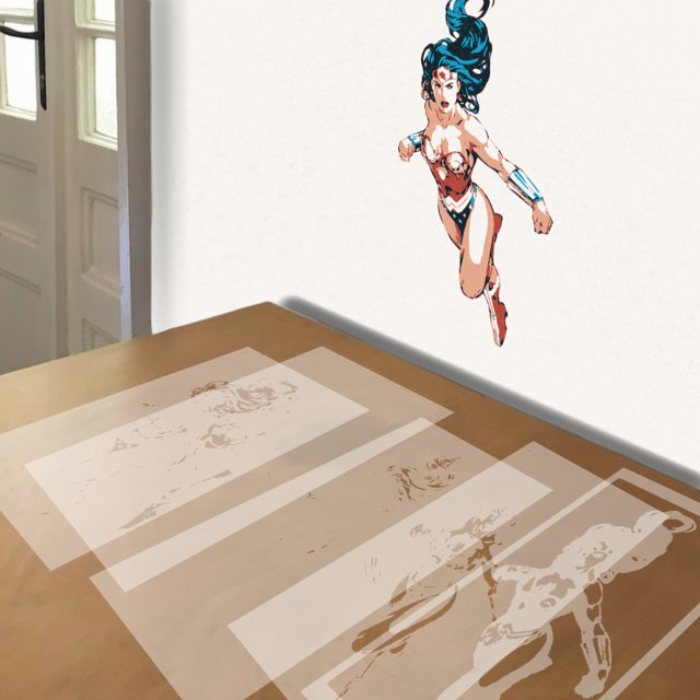 Wonder Woman stencil in 5 layers, simulated painting