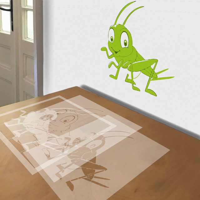 Grasshopper Character stencil in 3 layers, simulated painting