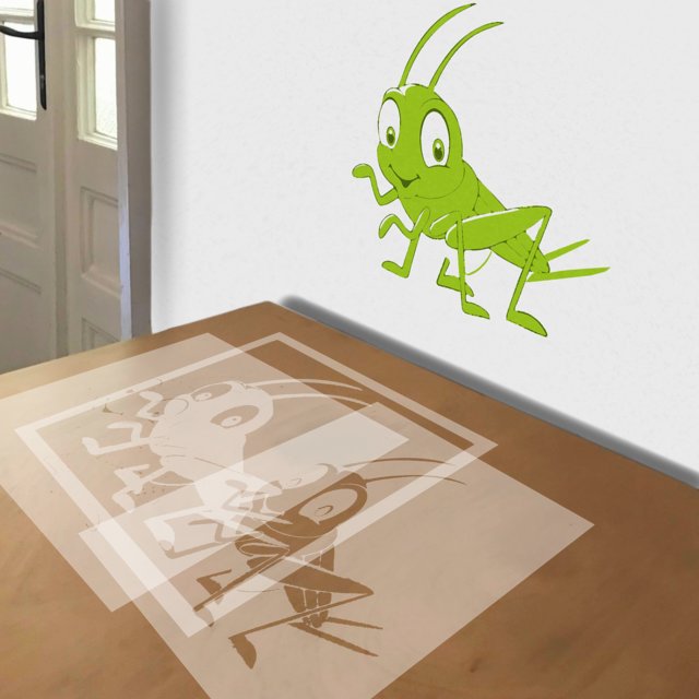 Grasshopper Character stencil in 3 layers, simulated painting