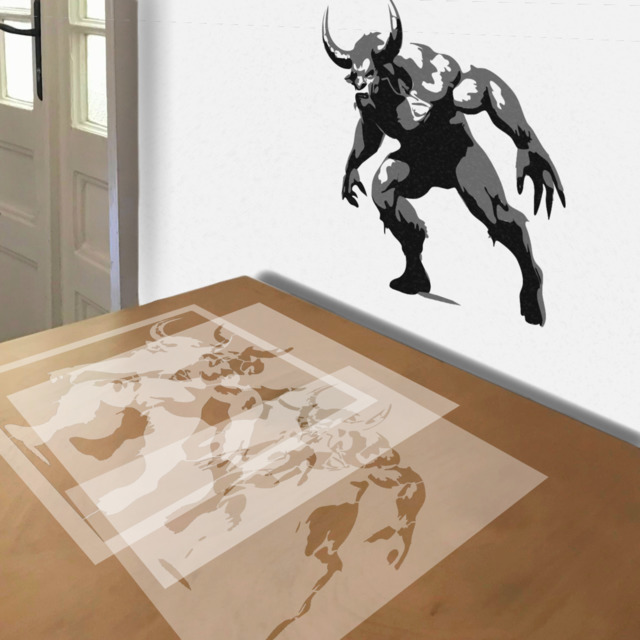 Minotaur stencil in 3 layers, simulated painting