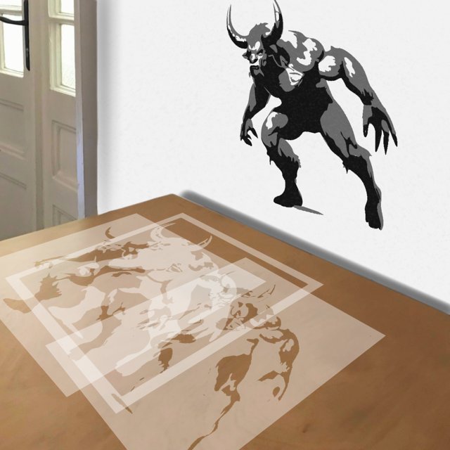 Minotaur stencil in 3 layers, simulated painting