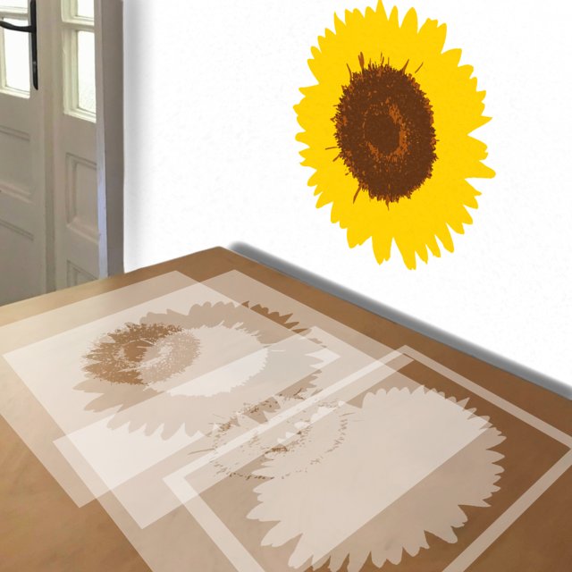 Sunflower stencil in 4 layers, simulated painting