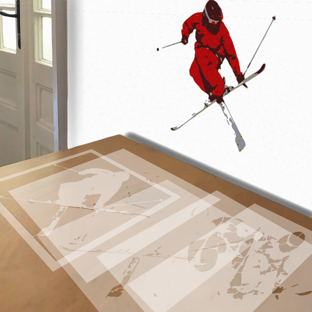 Skier Helicopter stencil in 5 layers, simulated painting