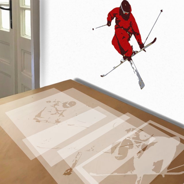 Skier Helicopter stencil in 5 layers, simulated painting