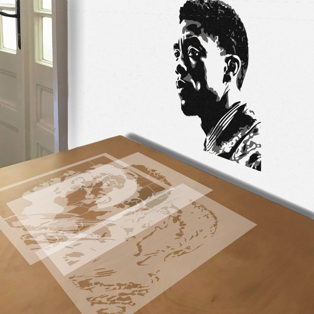 Chadwick Boseman stencil in 3 layers, simulated painting