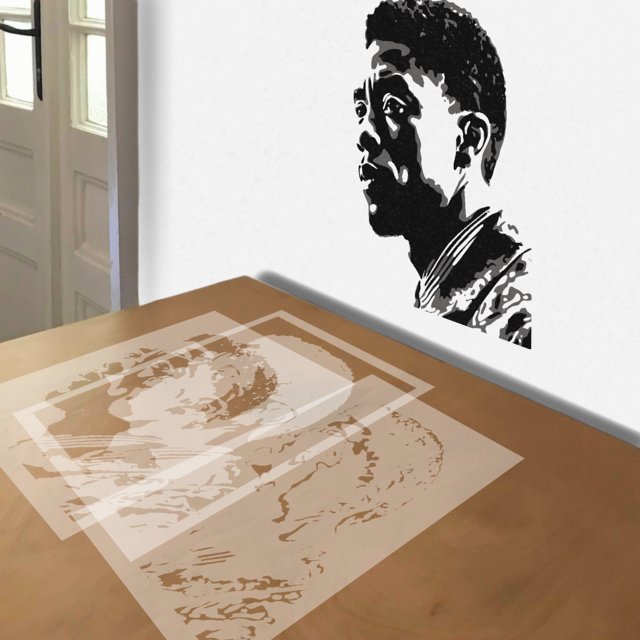 Chadwick Boseman stencil in 3 layers, simulated painting