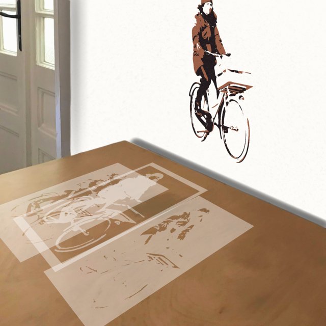 Bike Delivery stencil in 3 layers, simulated painting