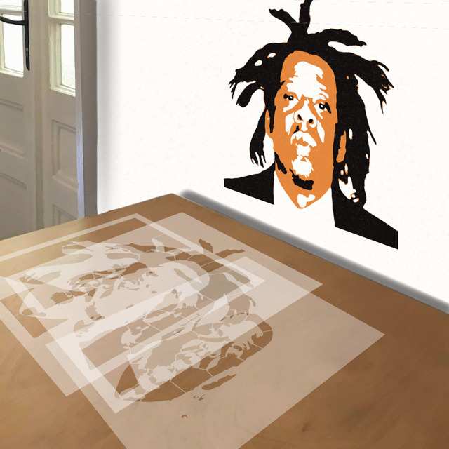 Jay-Z stencil in 3 layers, simulated painting