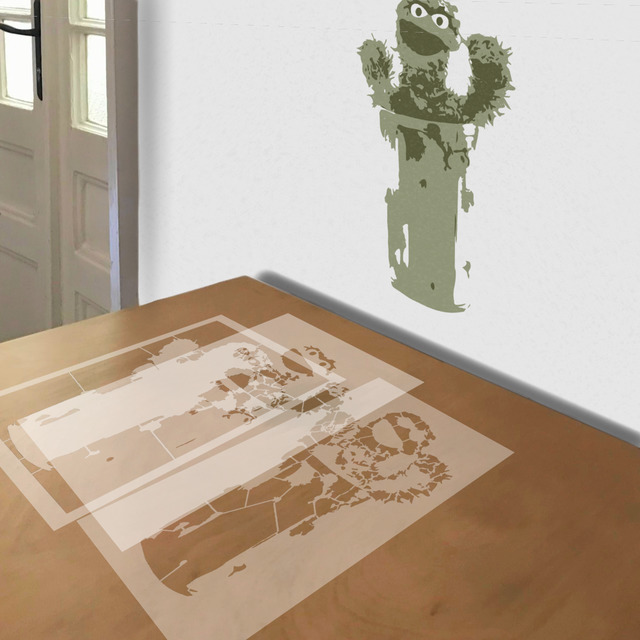 Oscar the Grouch stencil in 3 layers, simulated painting