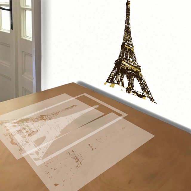 Eiffel Tower stencil in 3 layers, simulated painting