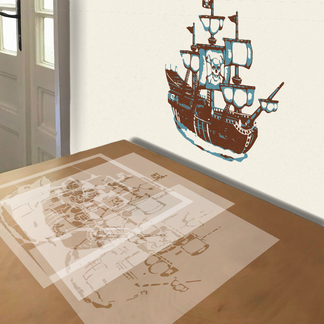 Pirate Ship stencil in 3 layers, simulated painting