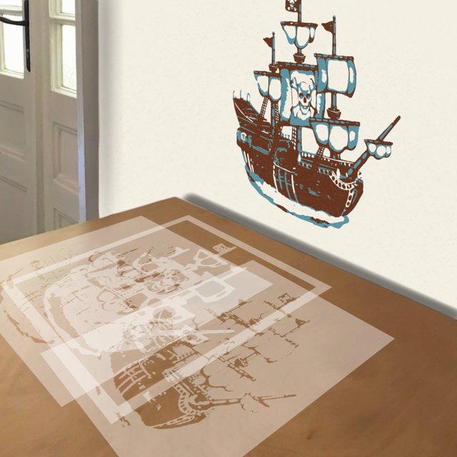 Pirate Ship stencil in 3 layers, simulated painting