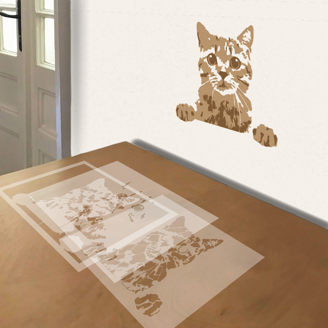Peeping Cat stencil in 3 layers, simulated painting