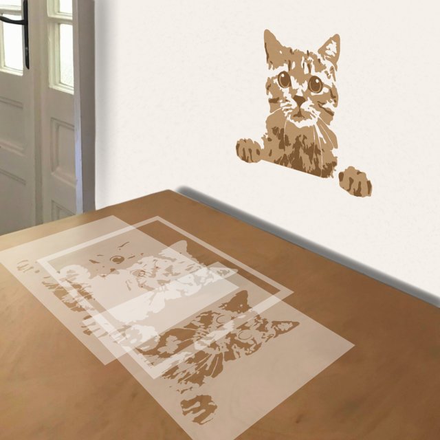 Peeping Cat stencil in 3 layers, simulated painting