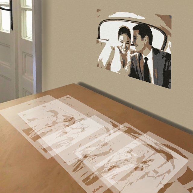 Just Married stencil in 5 layers, simulated painting