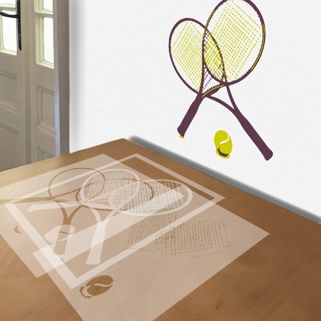 Tennis Rackets stencil in 3 layers, simulated painting