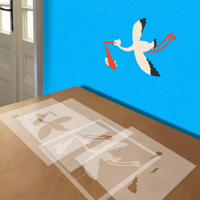 Stork Delivery Blue Sky stencil in 4 layers, simulated painting
