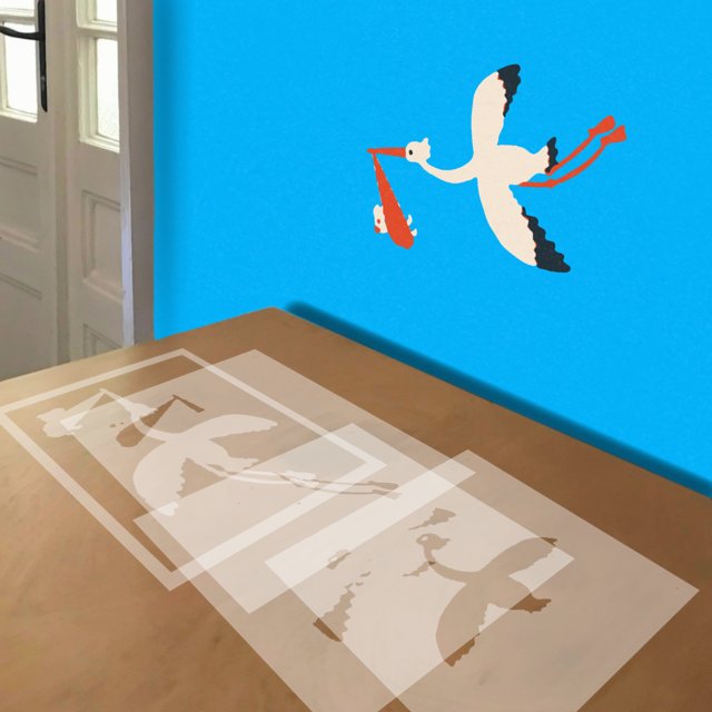 Stork Delivery Blue Sky stencil in 4 layers, simulated painting