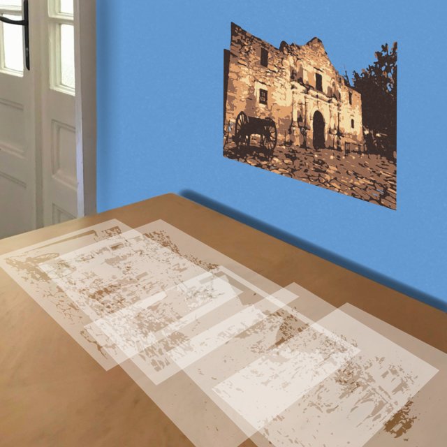 The Alamo stencil in 5 layers, simulated painting