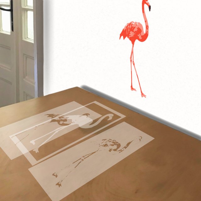 Flamingo stencil in 4 layers, simulated painting
