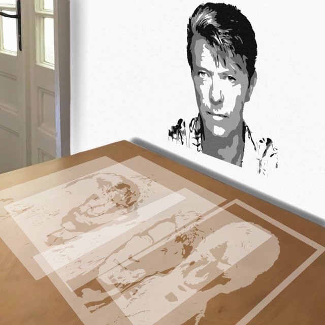 David Bowie stencil in 4 layers, simulated painting