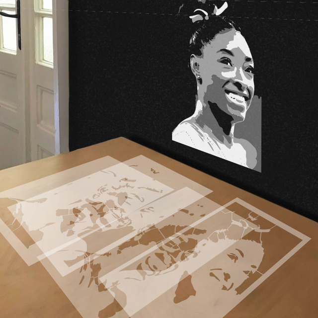 Simone Biles stencil in 4 layers, simulated painting